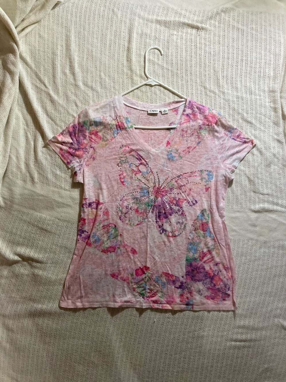 Cato Women's Pink Floral Butterfly Rhinestone V-Neck T-Shirt